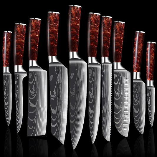 Red Resin Handle Damascus Laser Pattern Set Kitchen Knife